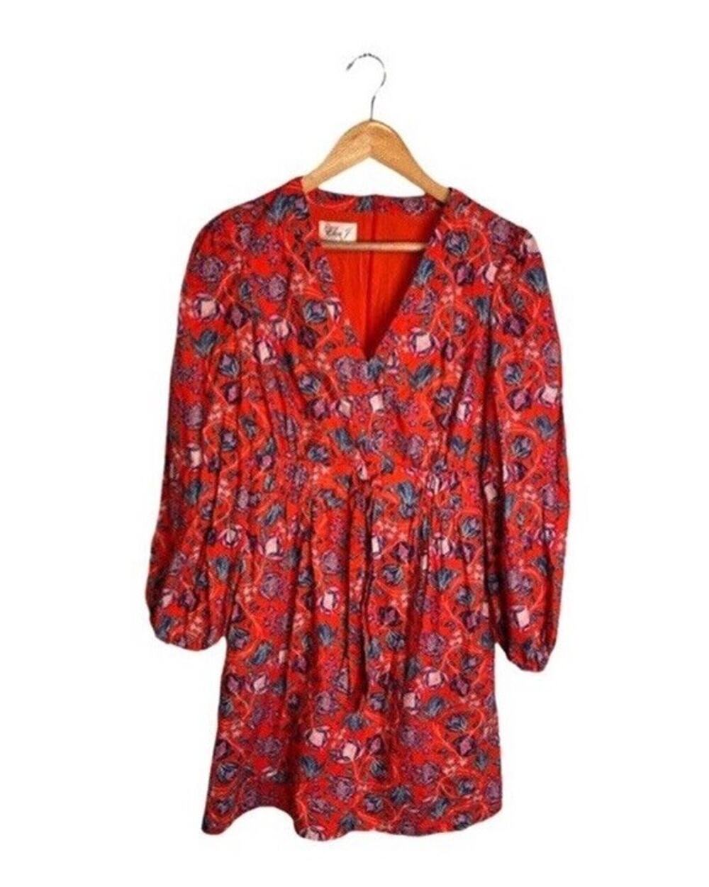 Eliza J Dress Floral Red Size Small Patriotic Long Sleeve Blue Pockets Fit Flare